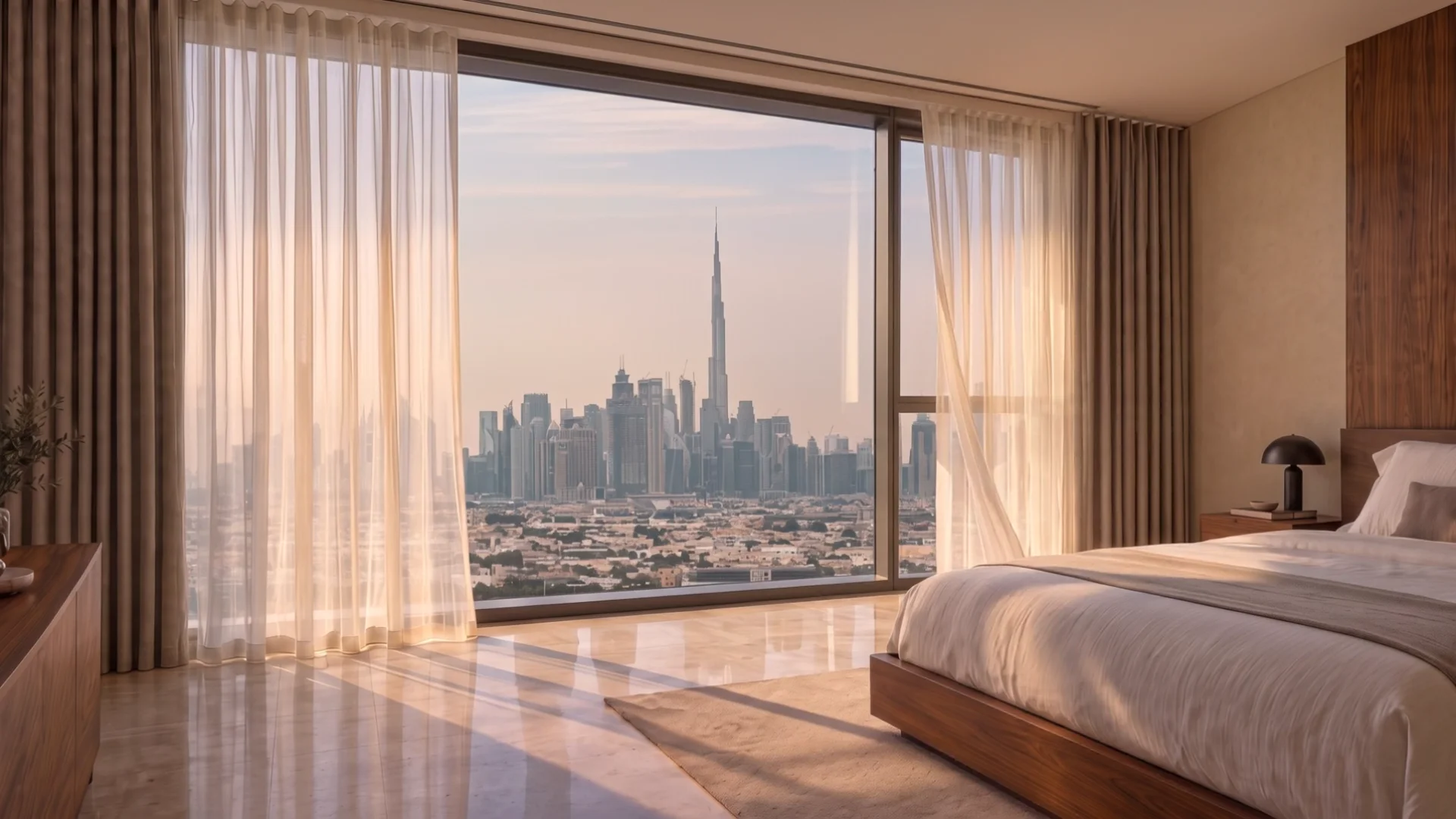 Ripple fold sheer and blackout curtains in a Dubai apartment bedroom — Time Furniture