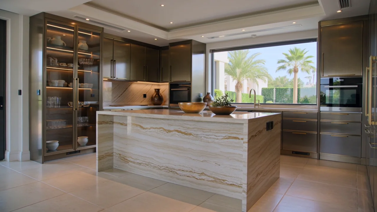 Brushed Bronze kitchen palette concept — Brushed bronze fronts with smoked oak and a warm quartzite worktop (natural stone).