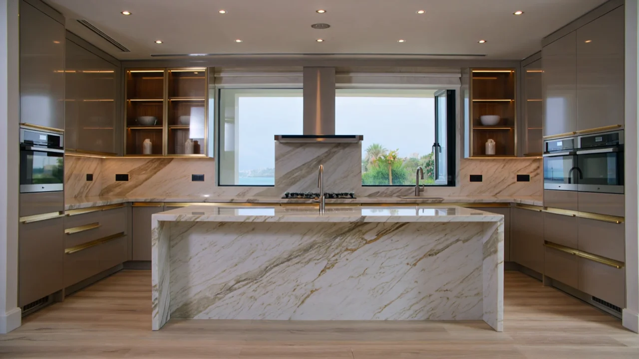 Champagne kitchen palette concept — Champagne metallic fronts with taupe joinery and a Calacatta natural marble worktop.