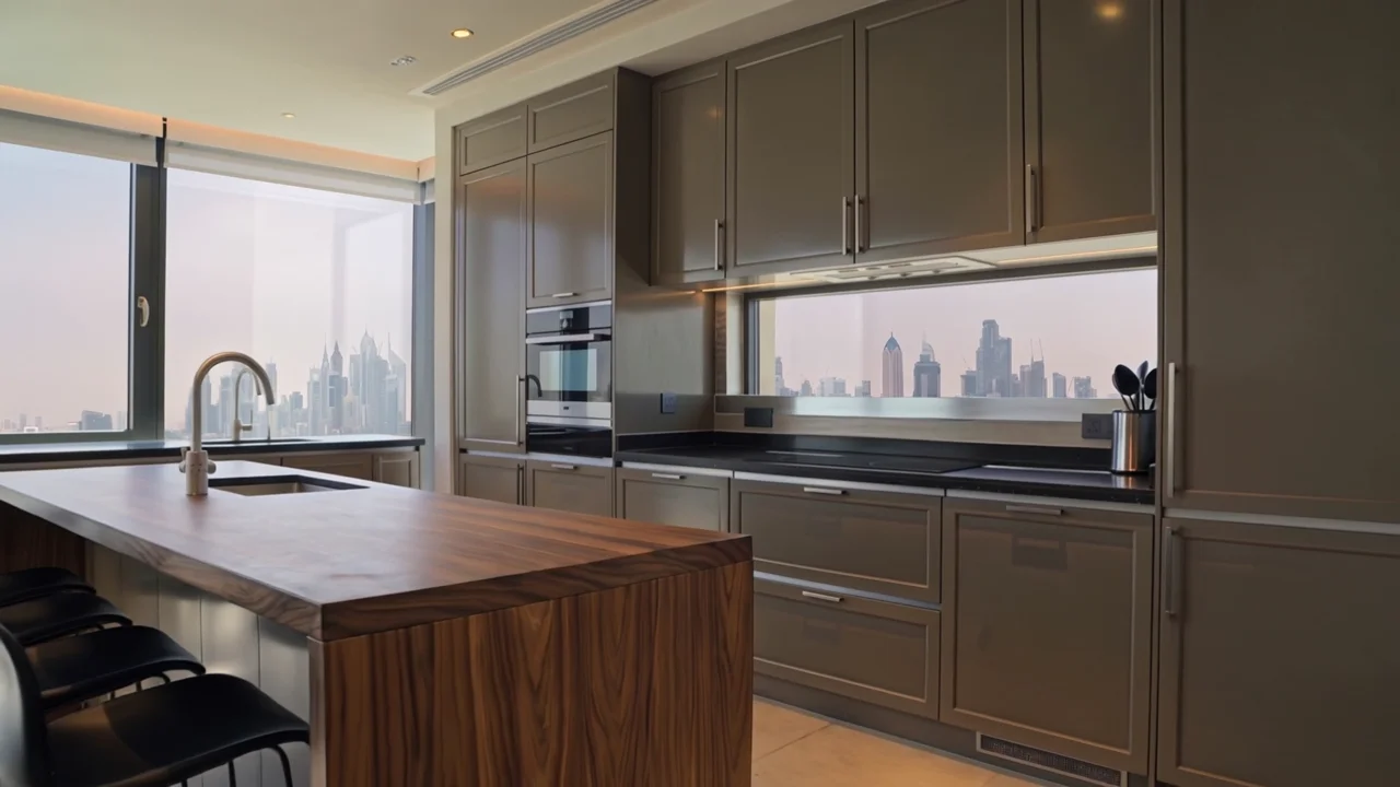 Silver kitchen palette concept — Silver metallic fronts with olive-tone cabinetry and a black granite worktop (natural stone).