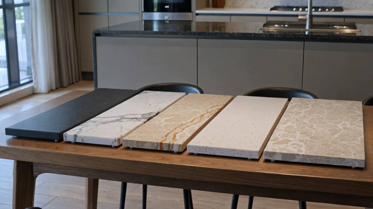Five kitchen worktop material samples — granite, natural marble, quartz, quartzite and marble-look porcelain