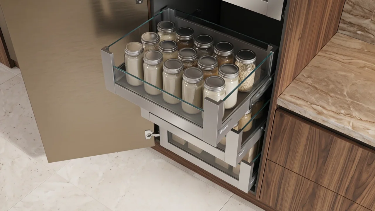 Pull-out pantries, inner drawers and space-saving fittings.