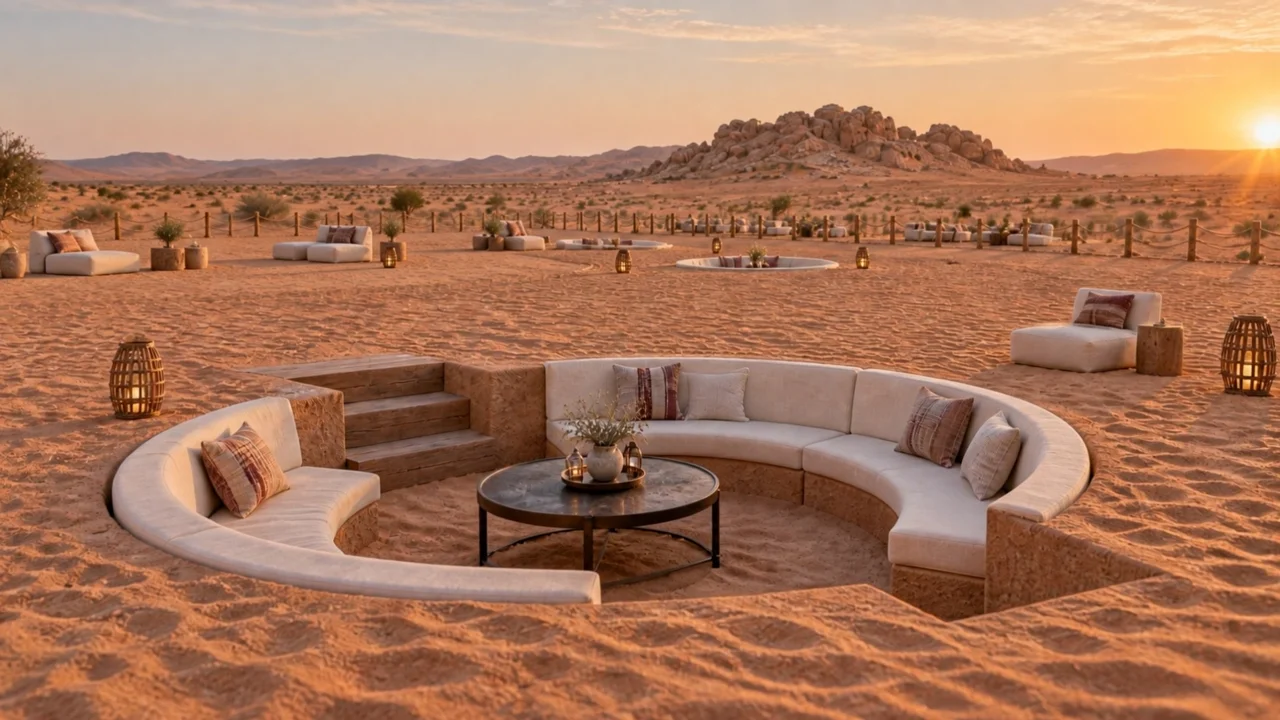 Design visualization of a sunken circular desert majlis at dusk — curved built-in seating in the sand with lanterns