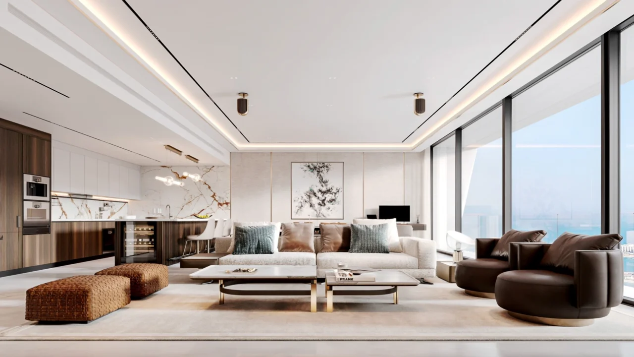 Design visualization of an open-plan Palm Jumeirah living and kitchen space — cream sofas and full-height sea-view glazing
