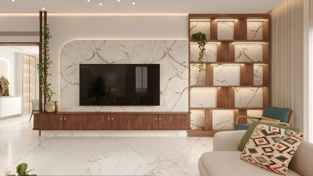 Design visualization of a villa media wall — book-matched marble with walnut display shelving and a floating console