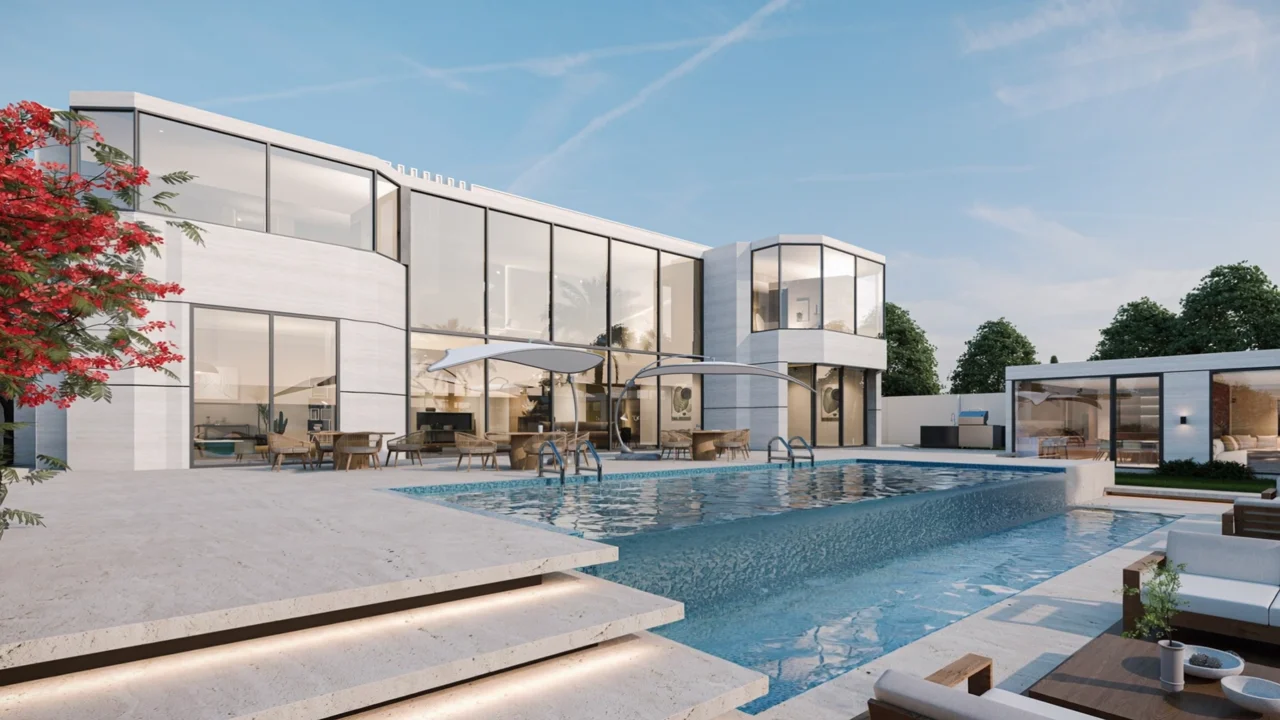 Design visualization of a contemporary villa pool terrace — bougainvillea, sun loungers and a white facade