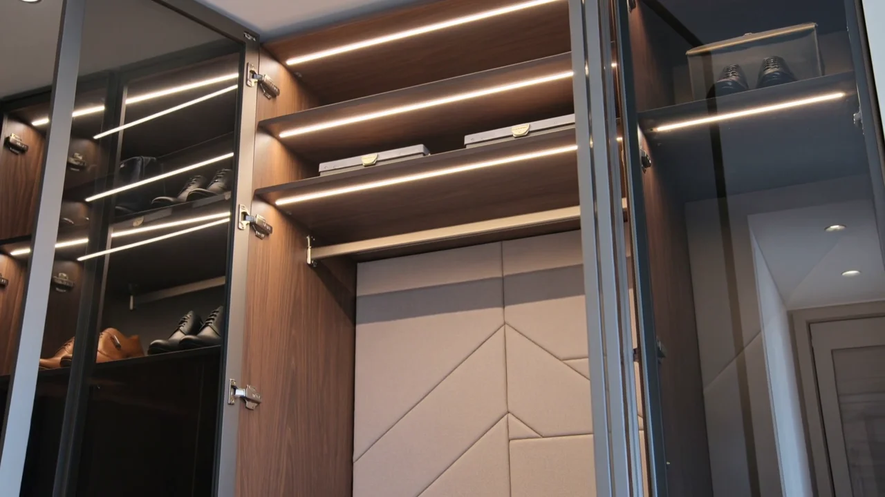 Walk-in wardrobe accessories, storage trays and warm integrated lighting