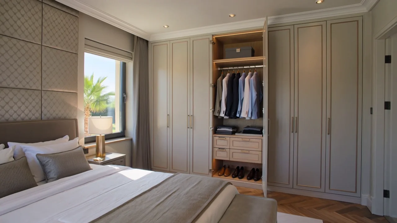 Oak and ivory hinged wardrobe showing its fitted doors and internal storage