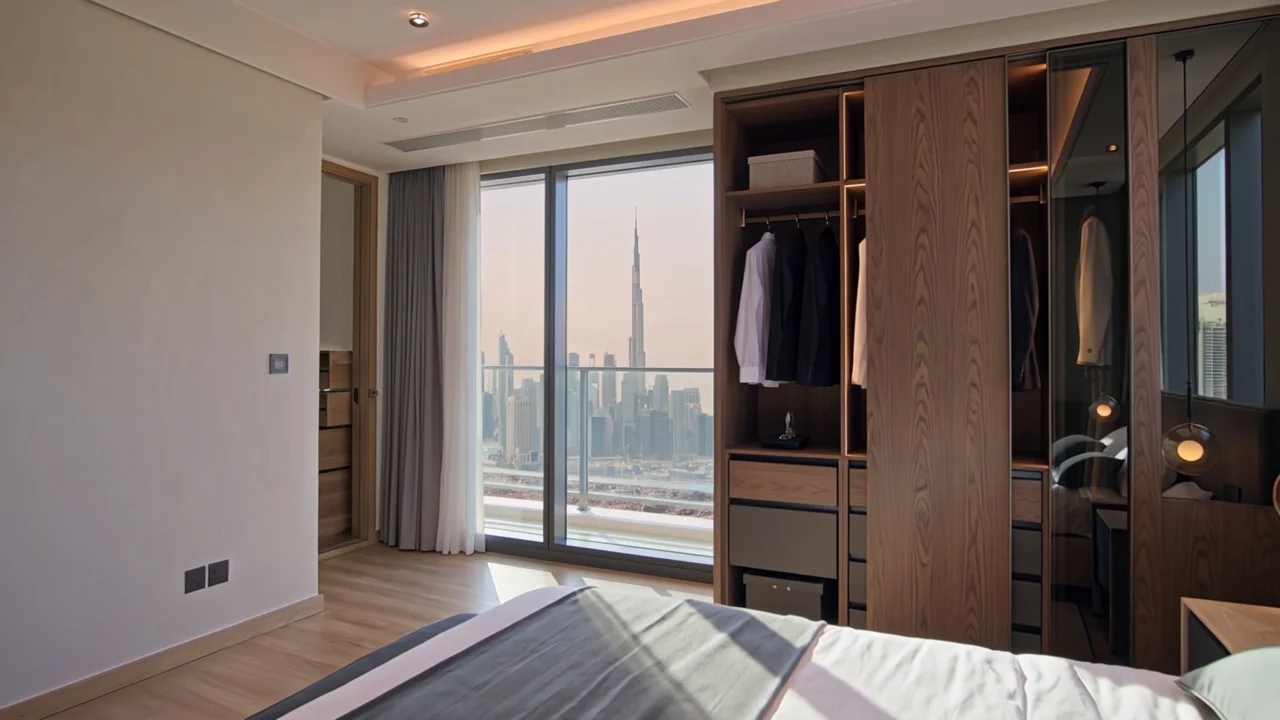 Full-height sliding wardrobe doors opening on a premium runner system