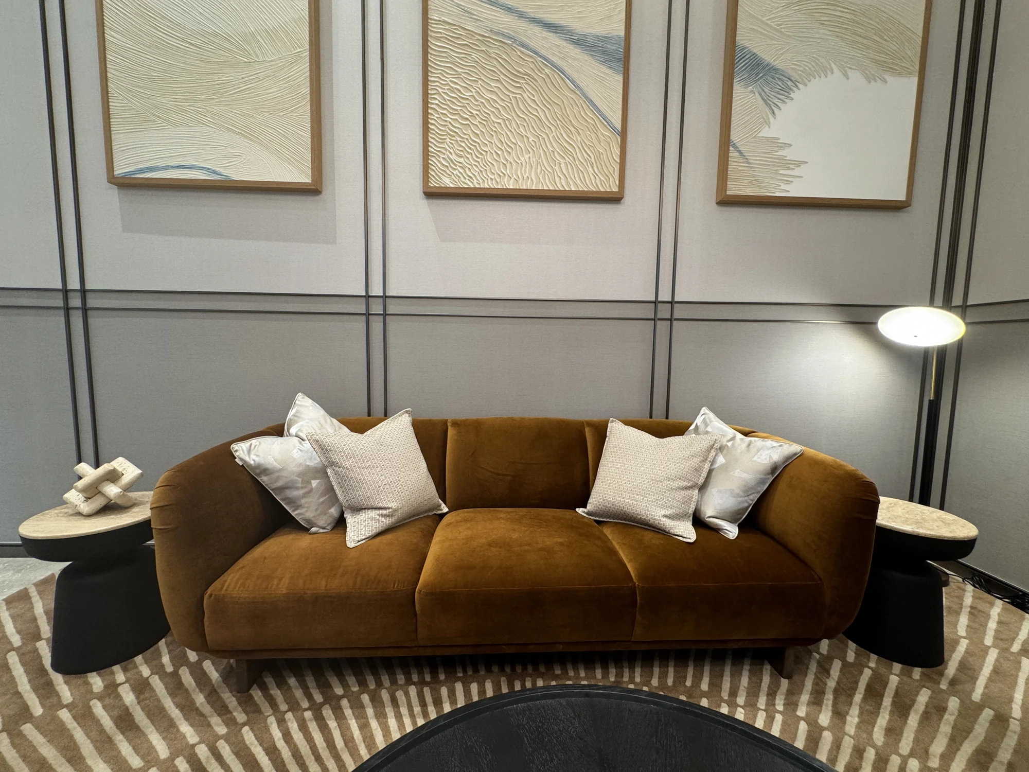 Custom curved sofa in caramel upholstery hand-built by Time Furniture