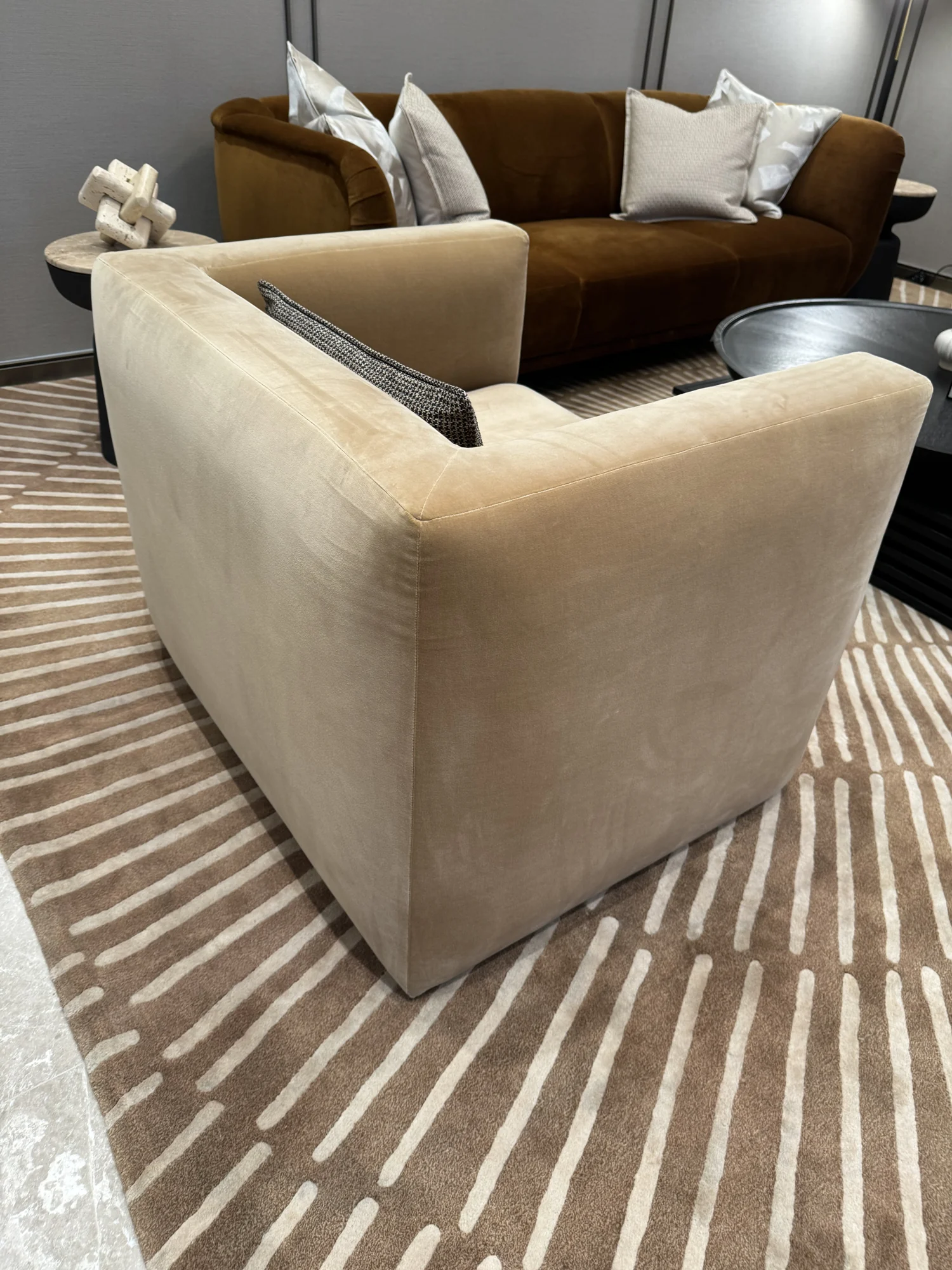 Custom upholstered armchair with curved back by Time Furniture