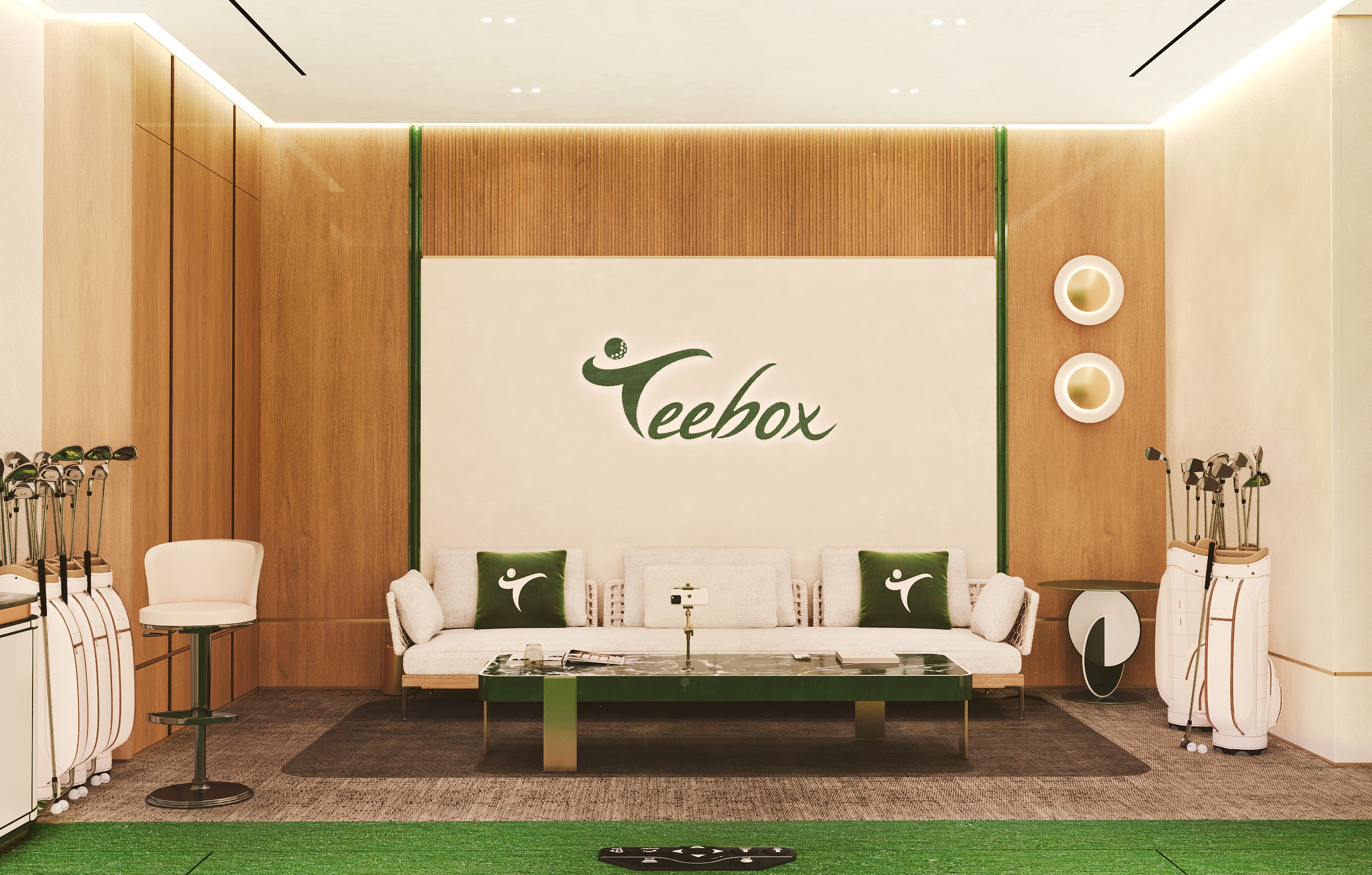 Design visualization of a golf lounge seating area — cream sofas, putting turf and a timber-panelled feature wall