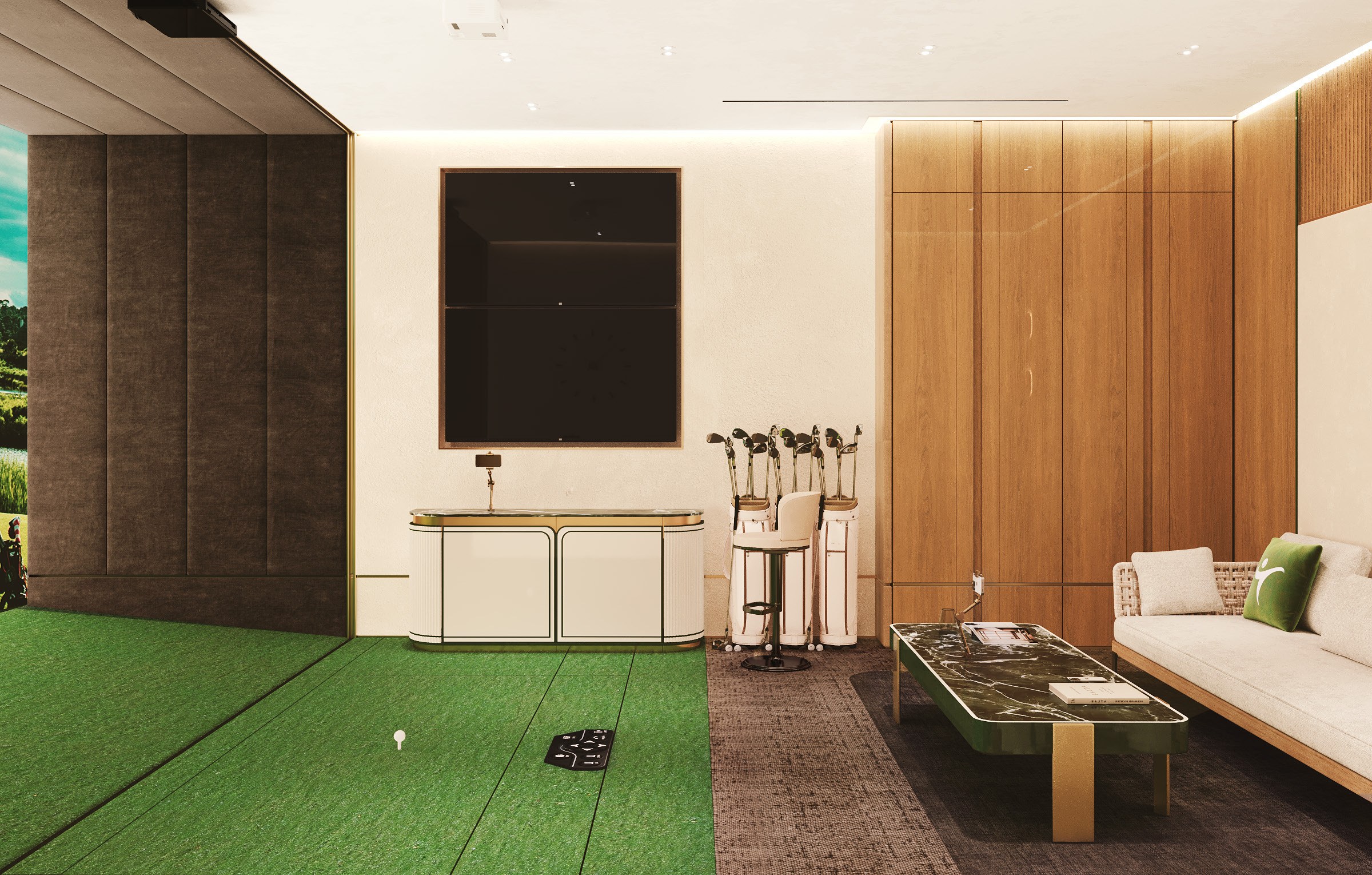 Design visualization of a golf simulator bay — screen, hitting turf and adjoining refreshment lounge seating
