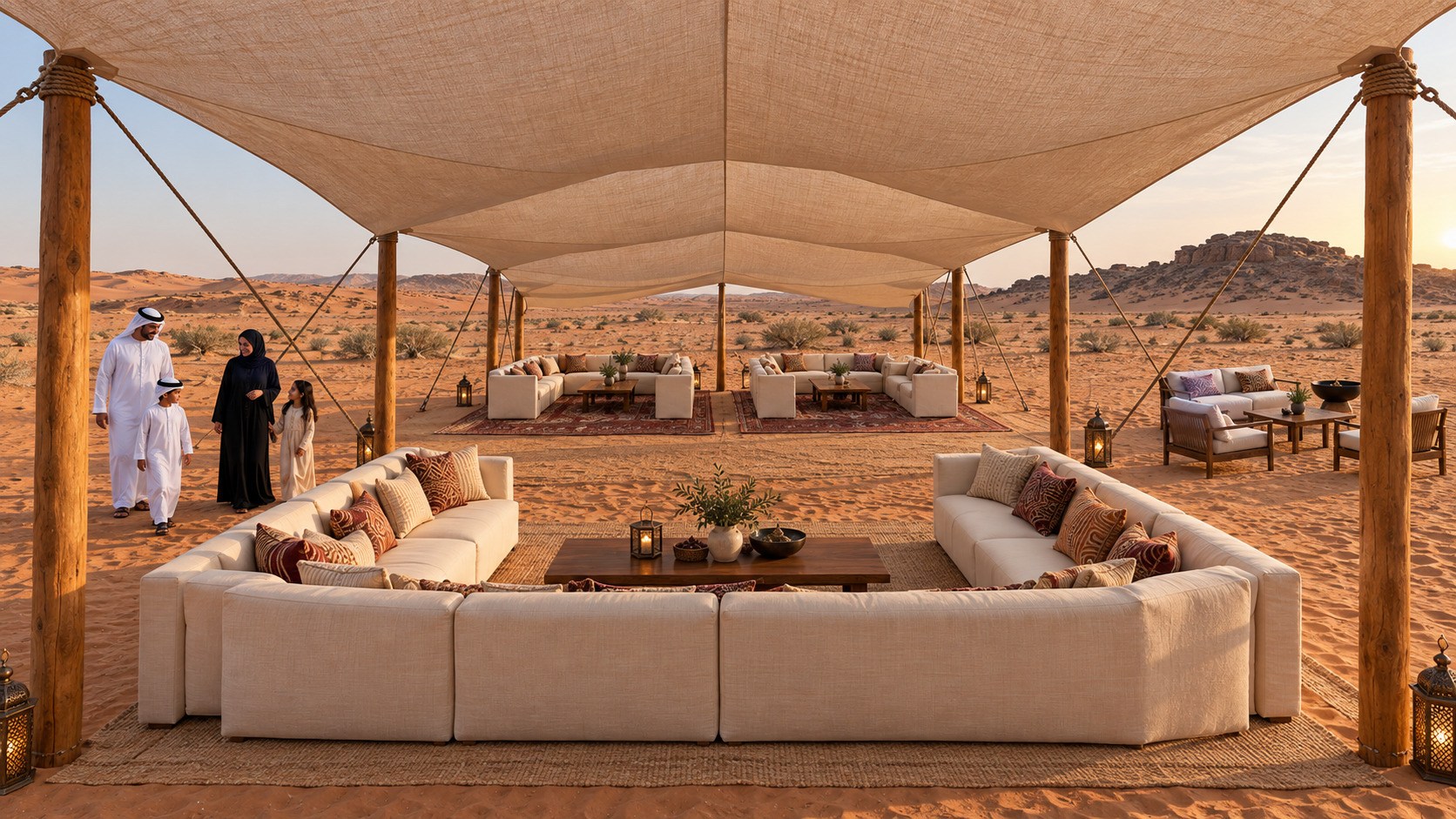 Design visualization of a shaded desert tent lounge — modular cream sofas under a stretched canopy