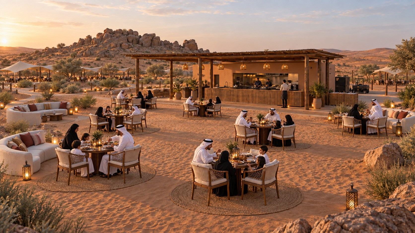 Design visualization of an open-air desert dining terrace — tables and a counter pavilion among the dunes