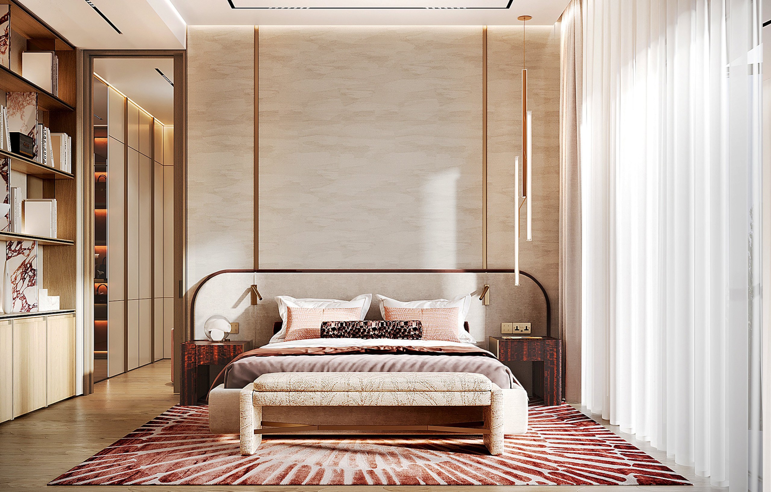 Design visualization of a villa bedroom — upholstered bed with layered textiles, patterned rug and open shelving