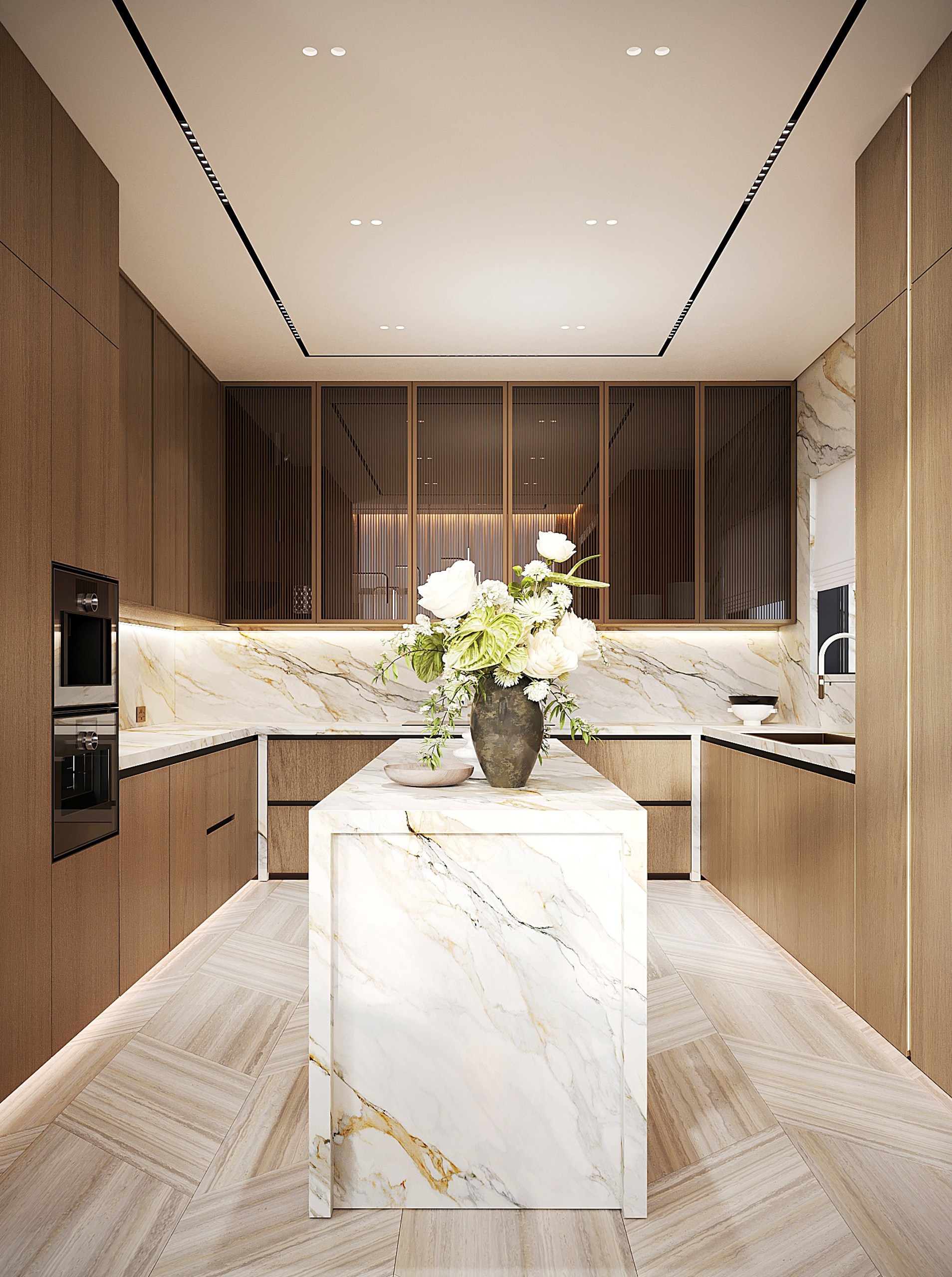 Design visualization of a slim villa kitchen — marble waterfall island with timber tall units