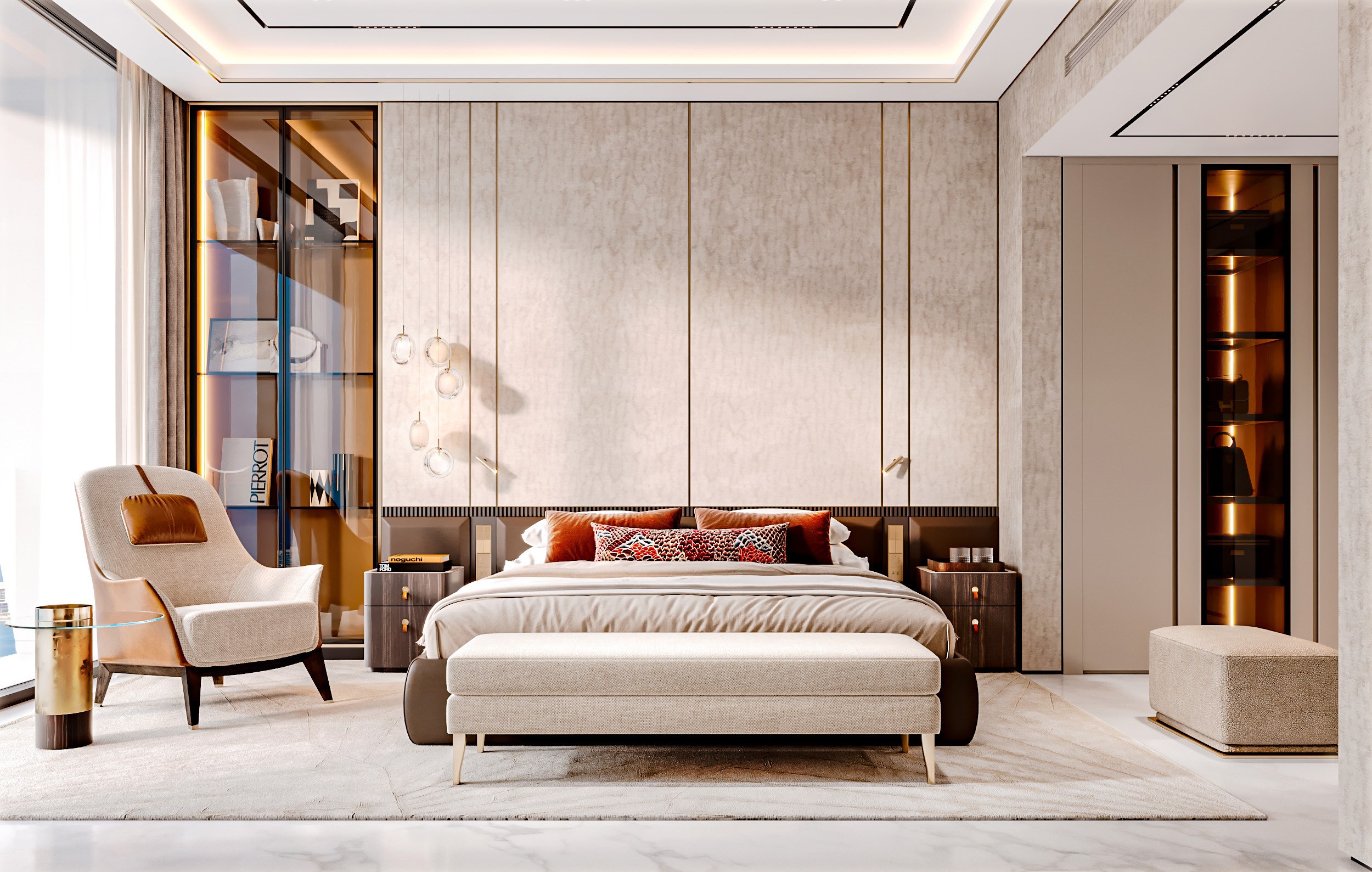 Design visualization of a master bedroom — upholstered bed, armchair and backlit display cabinets