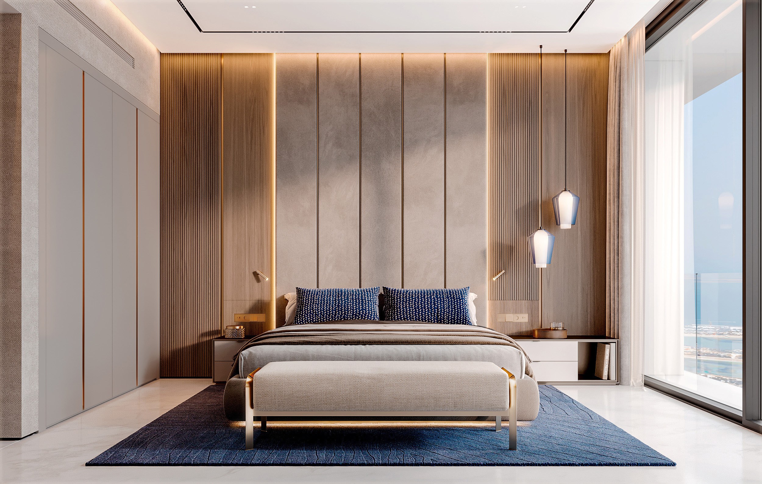 Design visualization of a guest bedroom — timber-panelled feature wall with twin pendant lights