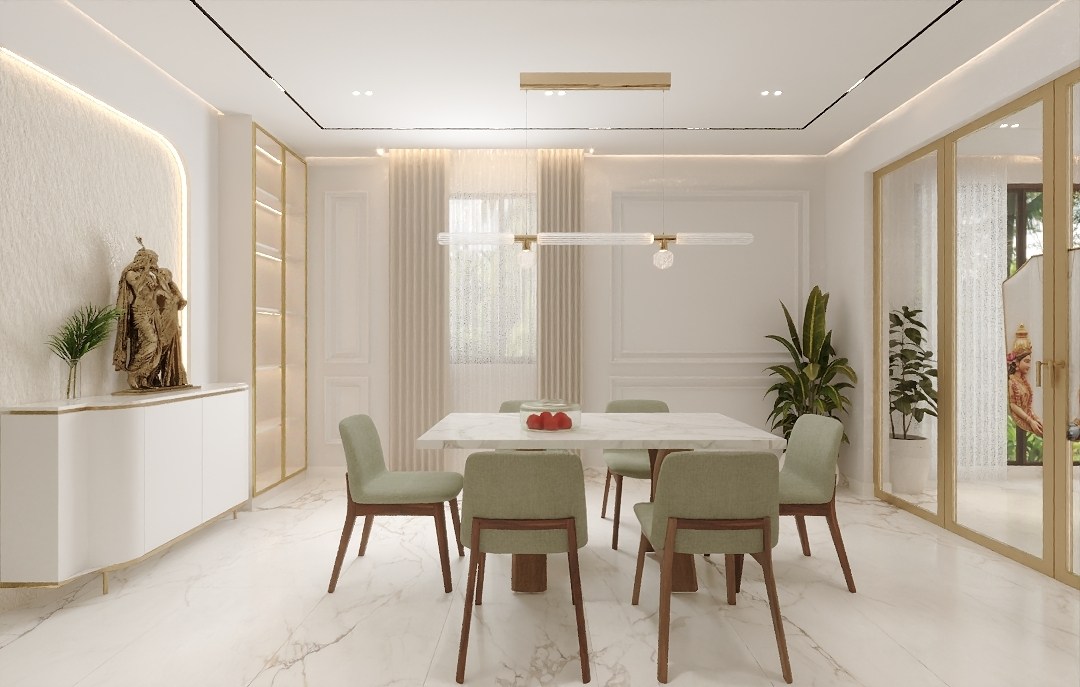 Design visualization of a villa dining room — marble-top table with sage chairs, gold accents and cream panelling