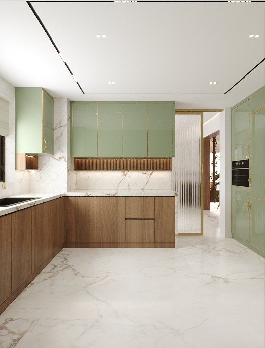 Design visualization of a sage-green villa kitchen — timber lower cabinets and a marble splashback