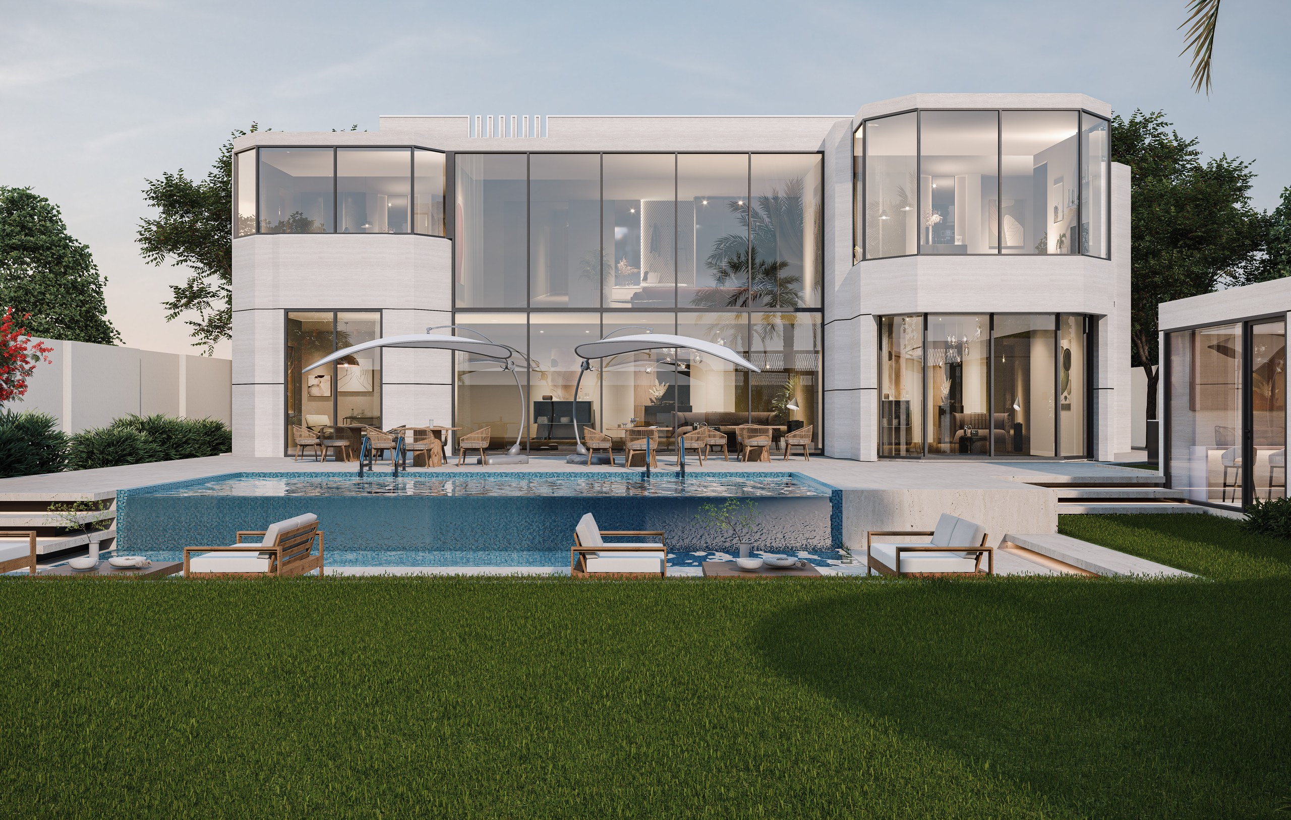Design visualization of a contemporary villa facade — curved full-height glazing above an infinity-edge pool and lawn