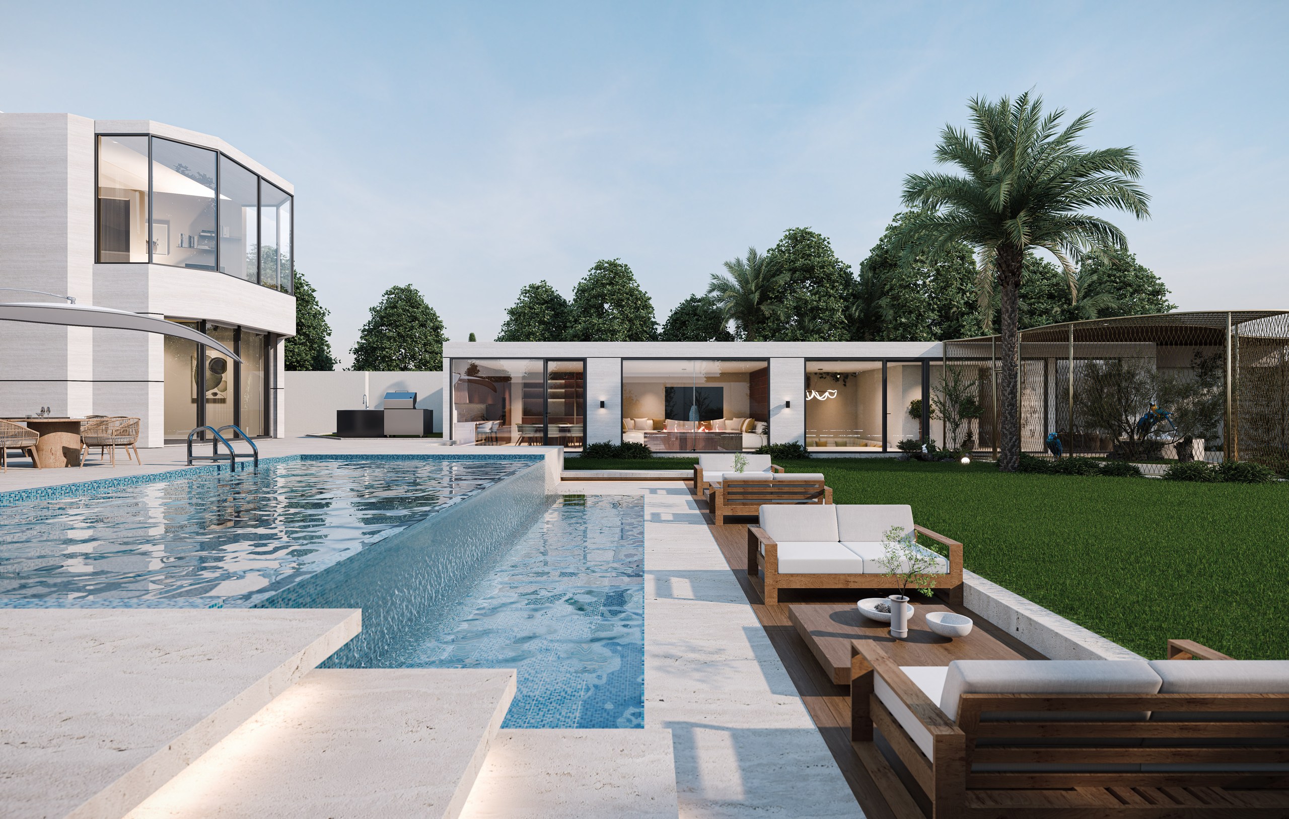 Design visualization of villa outdoor seating — timber-framed sofas at the pool edge with palm and lawn pavilion
