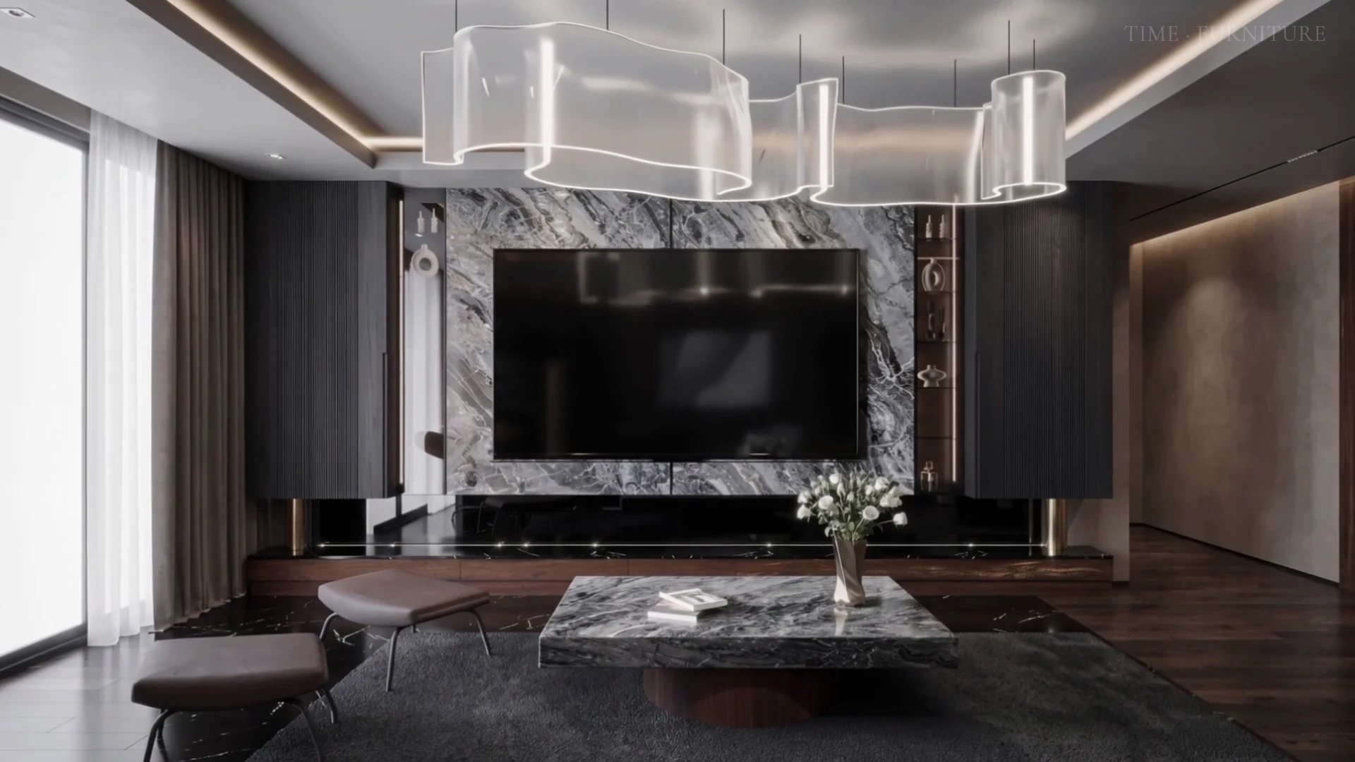 Custom marble media wall with ribbed panelling and integrated TV joinery in a Dubai apartment