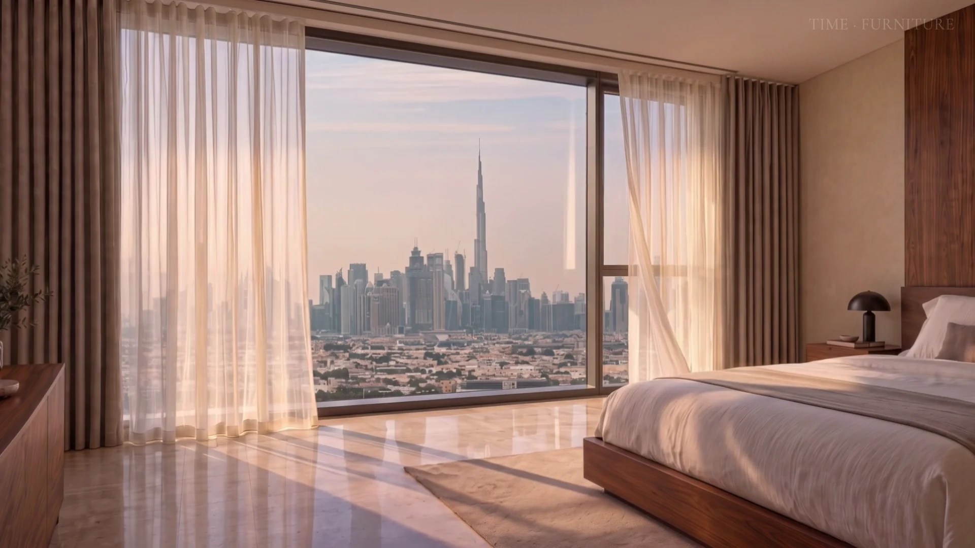 Sheer and blackout curtains in a Dubai bedroom with a Downtown skyline view