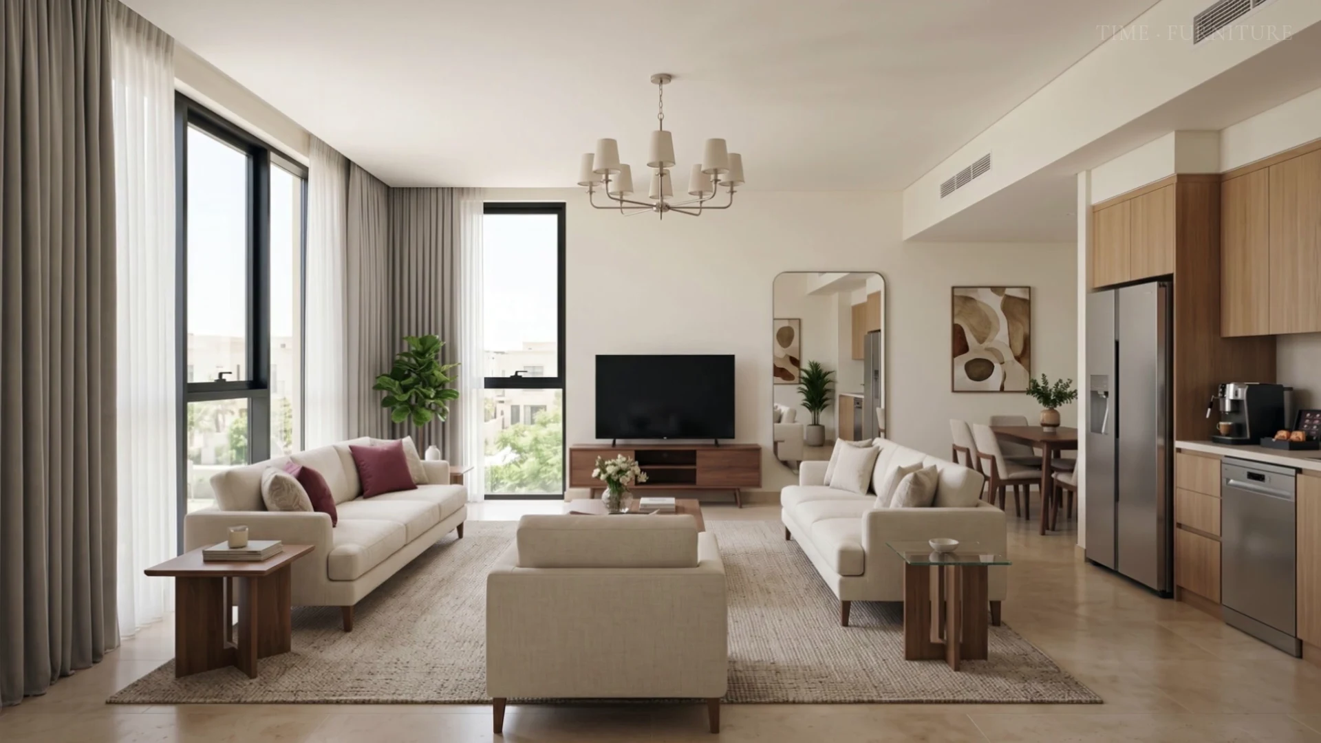 Holiday home furnishing film — consultation and measurement, furnishing installation team, and guest-ready rooms