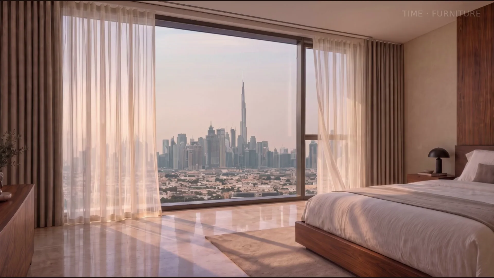 Sheer and blackout curtains in a Dubai bedroom with a Downtown skyline view
