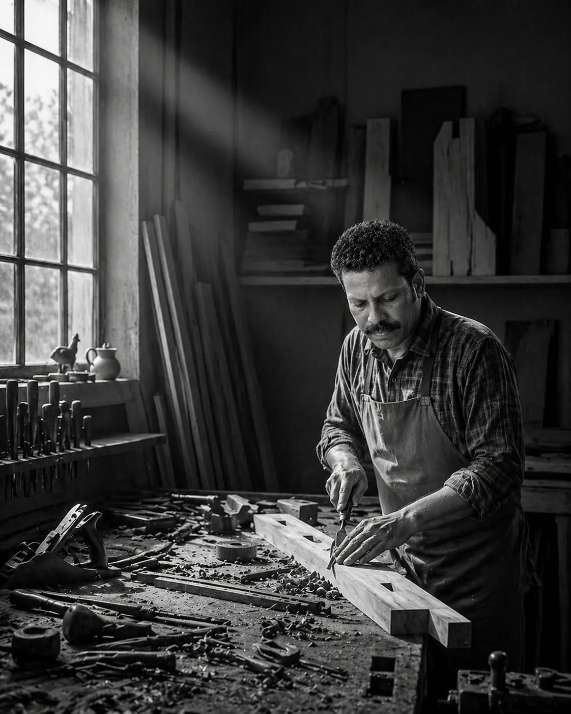 Woodworking craftsmanship — hand-finishing a timber detail in black and white