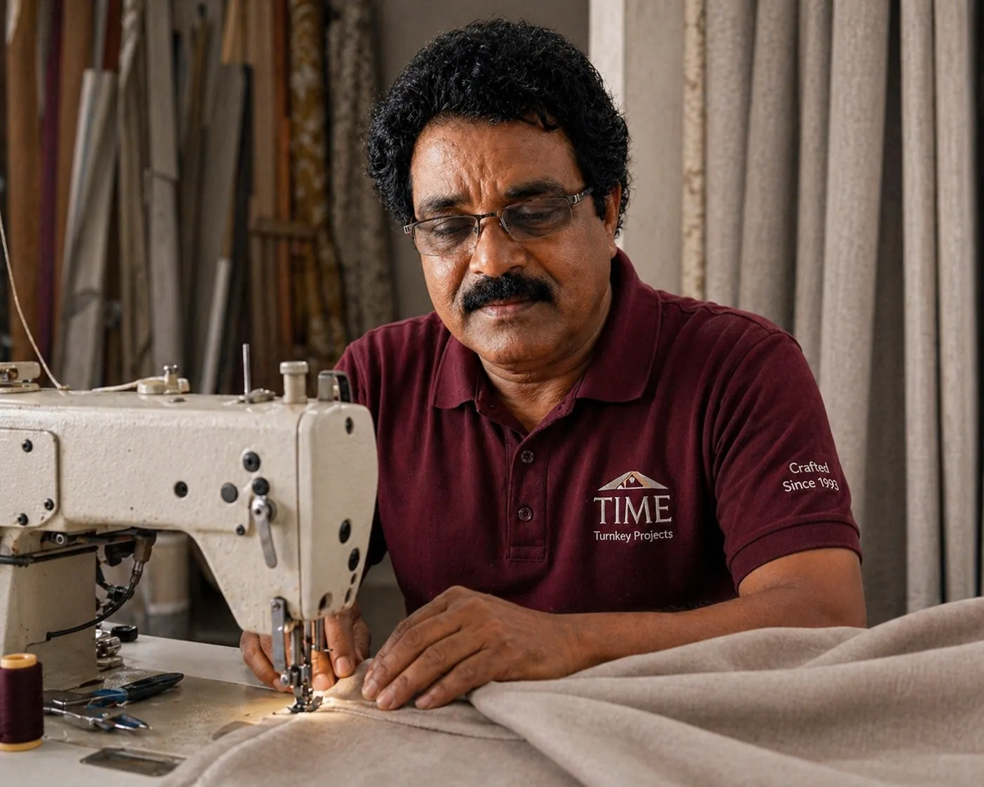 Curtain craftsman guiding fabric through an industrial sewing machine