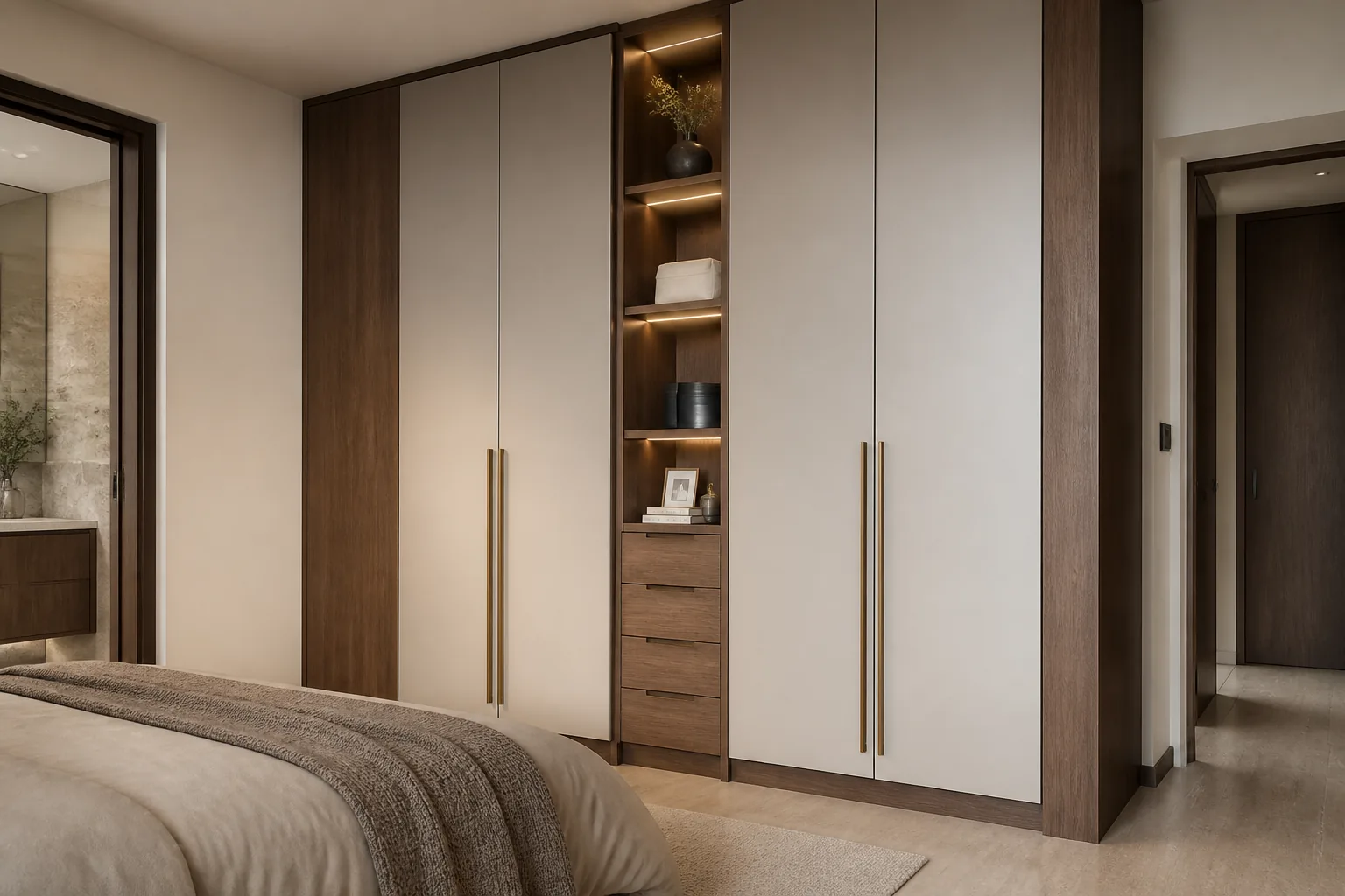 AI concept visualisation of a two-tone fitted wardrobe with walnut and cream fronts in a Dubai apartment bedroom — an AI-generated design concept, not a completed Time Furniture project