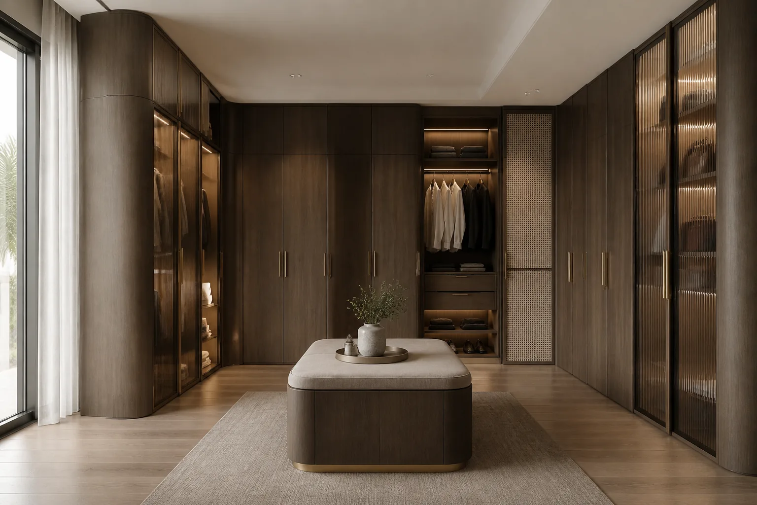 AI concept visualisation of dark wood-and-glass wardrobe shutters in a walk-in wardrobe in Dubai — an AI-generated design concept, not a completed Time Furniture project