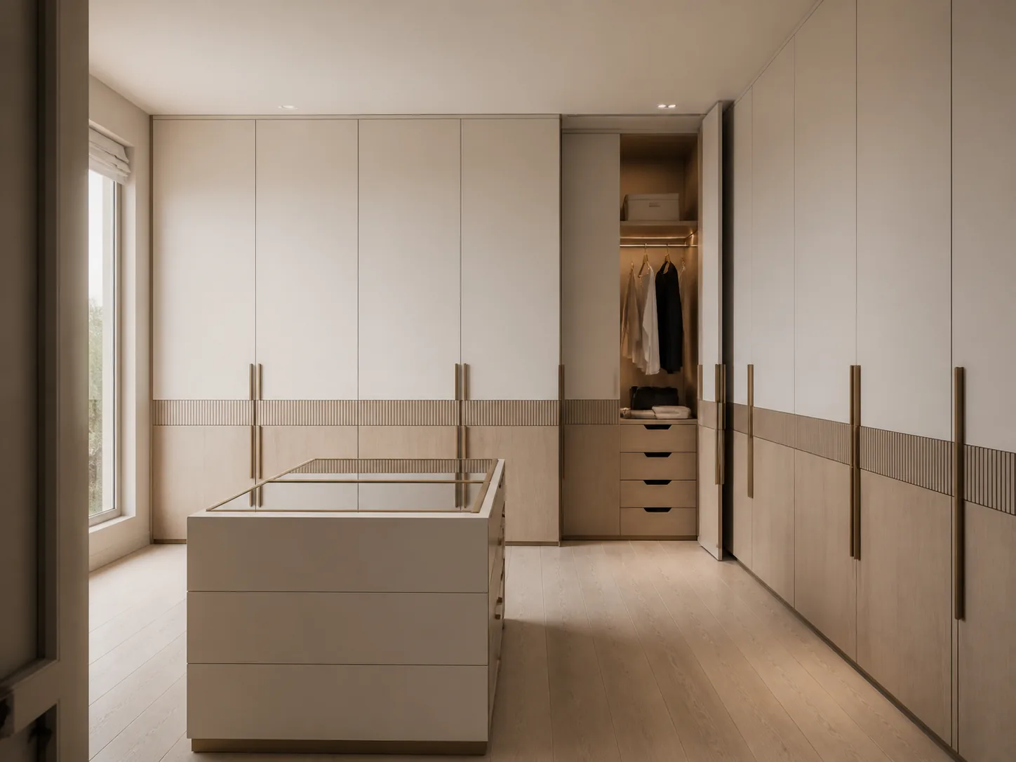 AI concept visualisation of light fluted-band wardrobe shutters in a walk-in wardrobe in Dubai — an AI-generated design concept, not a completed Time Furniture project