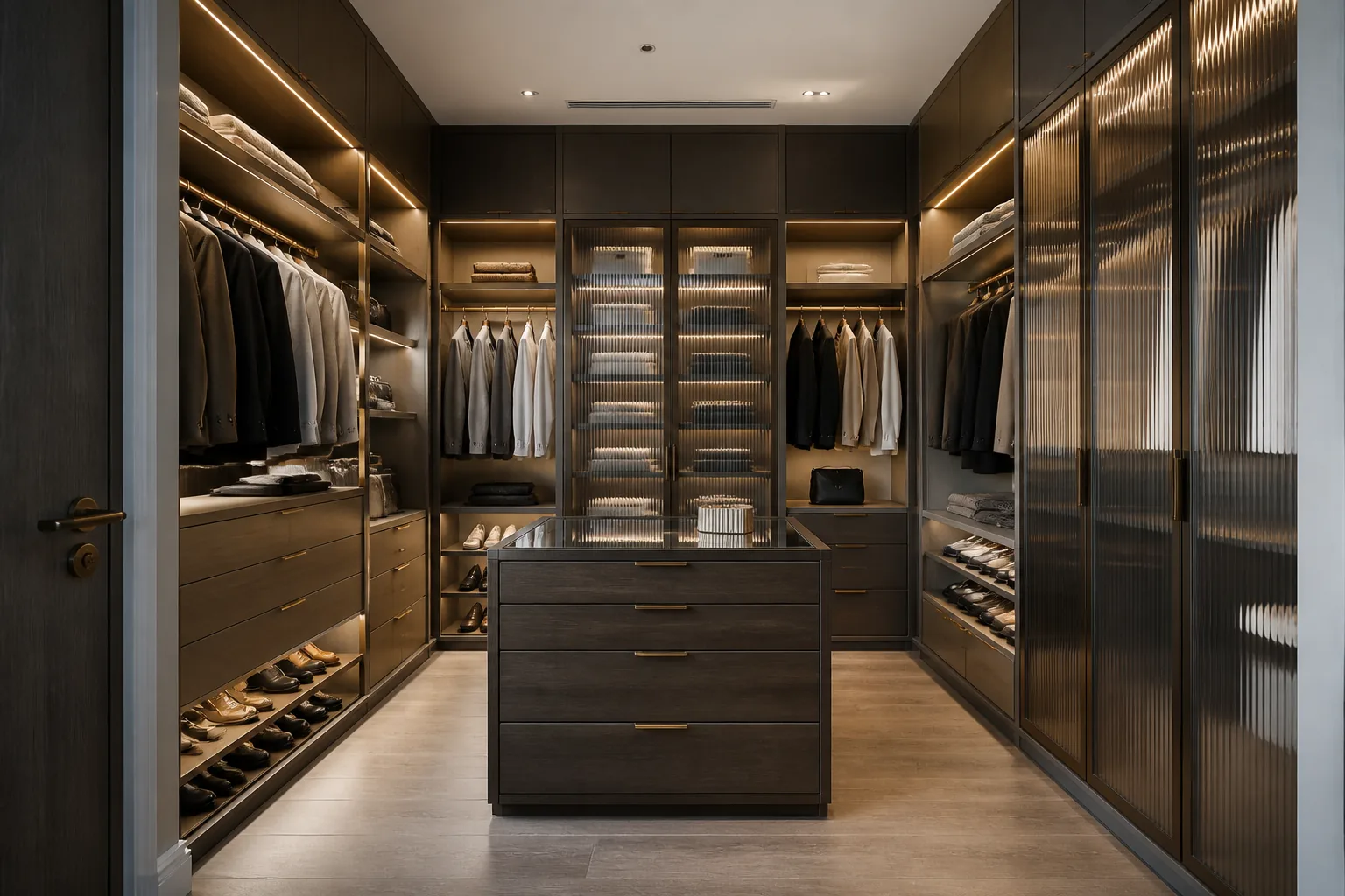 AI concept visualisation of a dark luxury villa walk-in wardrobe in Dubai with an island and fluted-glass display cabinet — an AI-generated design concept, not a completed Time Furniture project
