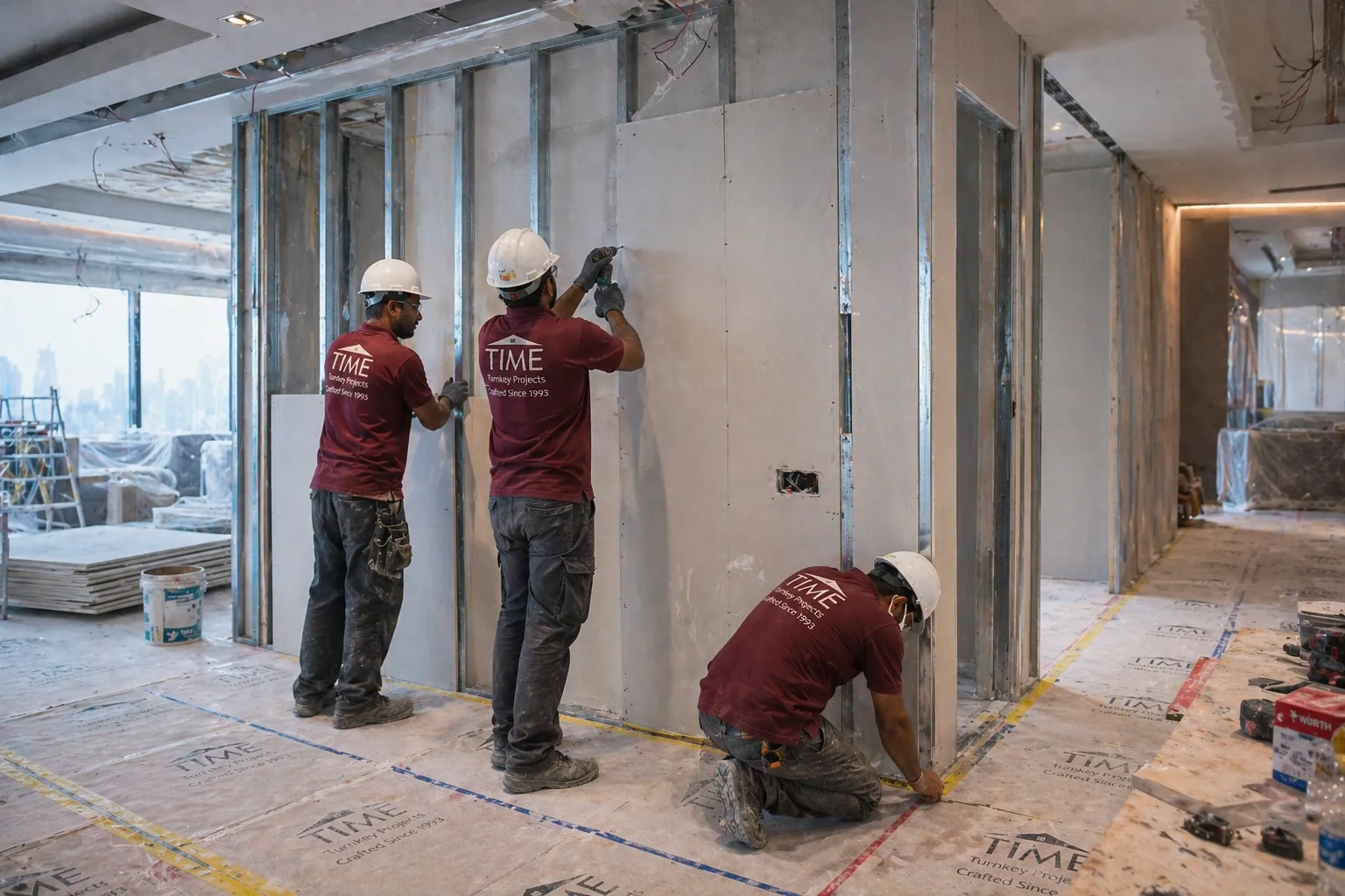 Civil works and renovation by Time Furniture — wall partitions and structural modifications in a Dubai apartment